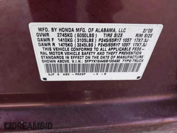 2009 Honda Ridgeline RTS z VIN 5FPYK16449B100430, wystawiony jako IAAI lot #41621260 z przebiegiem Nie podano mil oraz . Historia ofert i sprzedaży dostępna na DreamBid. Obrazek 9.