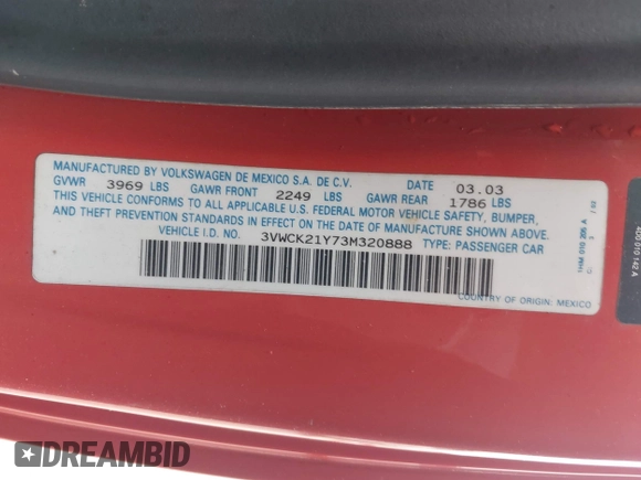2003 Volkswagen Beetle GLS z VIN 3VWCK21Y73M320888, wystawiony jako IAAI lot #42424109 z przebiegiem Nie podano mil oraz . Historia ofert i sprzedaży dostępna na DreamBid. Obrazek 9.