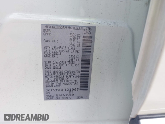 2022 Nissan Murano S z VIN 5N1AZ2ASXNC121965, wystawiony jako IAAI lot #42070134 z przebiegiem 26 019 mil mil oraz . Historia ofert i sprzedaży dostępna na DreamBid. Obrazek 9.