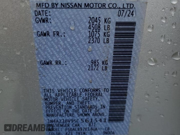 2025 Nissan LEAF S with VIN 1N4AZ1BV9SC561541, listed as a Copart auction lot 50654445 with 5,496 mi miles and Salvage Title. Bid and sale history available at carsss.com. Image 12.