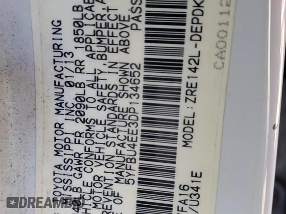 2013 Toyota Corolla L with VIN 5YFBU4EE3DP134652, listed as a Copart auction lot 45705775 with 159,563 mi miles and Salvage Title. Bid and sale history available at DreamBid. Image 12.