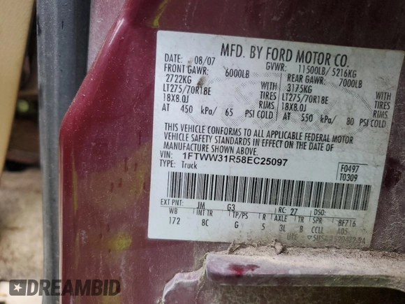 2008 Ford F-350 XL with VIN 1FTWW31R58EC25097, listed as a Copart auction lot 50881335 with Not Provided miles and Salvage Title. Bid and sale history available at DreamBid. Image 12.