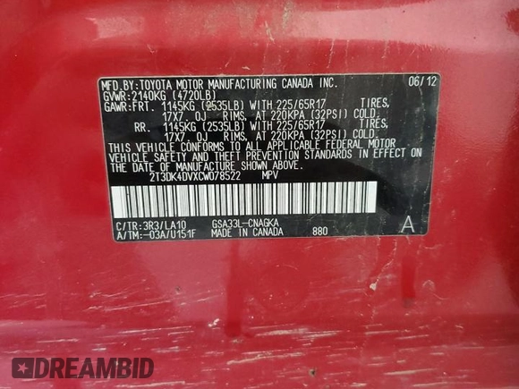 2012 Toyota RAV4 Limited with VIN 2T3DK4DVXCW078522, listed as a Copart auction lot 56677635 with 168,777 mi miles and Salvage title. Bid and sale history available at DreamBid. Image 13.