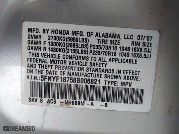 2008 Honda Pilot EX-L with VIN 5FNYF18758B006821, listed as a IAAI auction lot 41642008 with 195,678 mi miles. Bid and sale history available at carsss.com. Image 9.