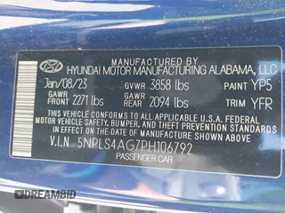 2023 Hyundai Elantra SEL with VIN 5NPLS4AG7PH106792, listed as a IAAI auction lot 41672413 with 34,774 mi miles and . Bid and sale history available at DreamBid. Image 9.