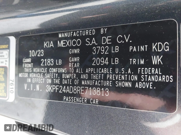 2024 Kia Forte LXS with VIN 3KPF24AD8RE713813, listed as a IAAI auction lot 41497549 with 18,027 mi miles. Bid and sale history available at carsss.com. Image 9.