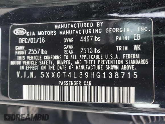 2017 Kia Optima LX with VIN 5XXGT4L39HG138715, listed as a Copart auction lot 53119475 with 44,936 mi miles and Salvage Title. Bid and sale history available at carsss.com. Image 12.