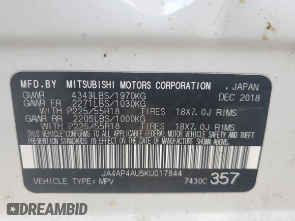 2019 Mitsubishi Outlander SE with VIN JA4AP4AU5KU017844, listed as a Copart auction lot 49783885 with 138,900 mi miles and Salvage title. Bid and sale history available at DreamBid. Image 15.