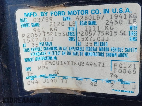1989 Ford Bronco z VIN 1FMCU14T7KUB49671, wystawiony jako IAAI lot #42404266 z przebiegiem 22 883 mil mil oraz . Historia ofert i sprzedaży dostępna na DreamBid. Obrazek 9.