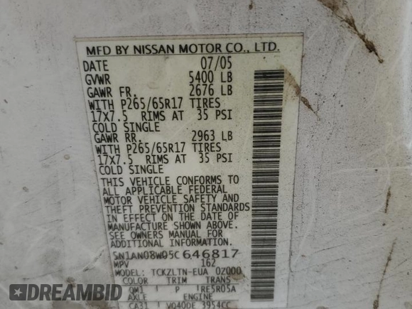 2005 Nissan Xterra SE z VIN 5N1AN08W05C646817, wystawiony jako Copart lot #76041464 z przebiegiem 167 914 mil mil oraz Szkoda całkowita • Salvage title. Historia ofert i sprzedaży dostępna na DreamBid. Obrazek 15.