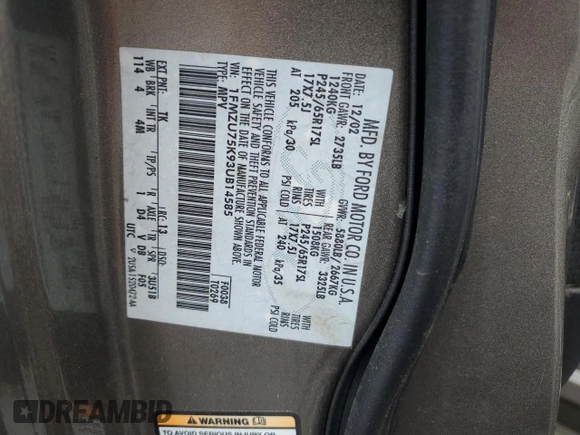 2003 Ford Explorer Limited with VIN 1FMZU75K93UB14585, listed as a Copart auction lot 56888695 with 260,077 mi miles and Salvage title. Bid and sale history available at DreamBid. Image 13.