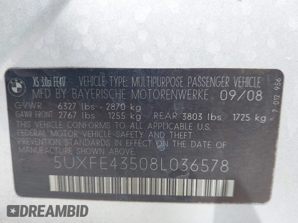 2008 BMW X5 3.0si z VIN 5UXFE43508L036578, wystawiony jako IAAI lot #41942235 z przebiegiem 146 742 mil mil oraz . Historia ofert i sprzedaży dostępna na DreamBid. Obrazek 9.