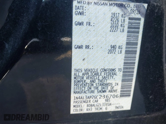 2016 Nissan Altima SR with VIN 1N4AL3AP2GC236706, listed as a IAAI auction lot 42774530 with 186,249 mi miles and . Bid and sale history available at DreamBid. Image 9.