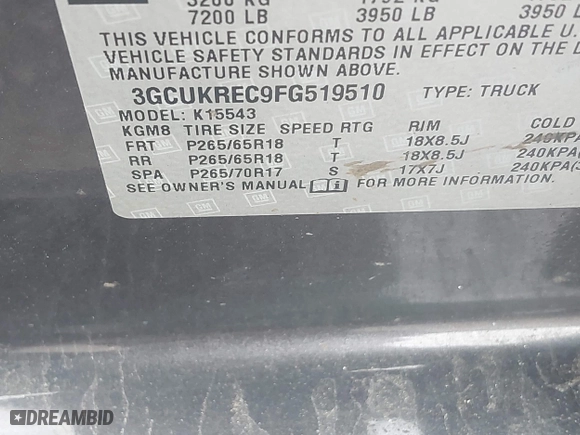 2015 Chevrolet Silverado 1500 LT with VIN 3GCUKREC9FG519510, listed as a IAAI auction lot 42026865 with 119,510 mi miles. Bid and sale history available at carsss.com. Image 9.