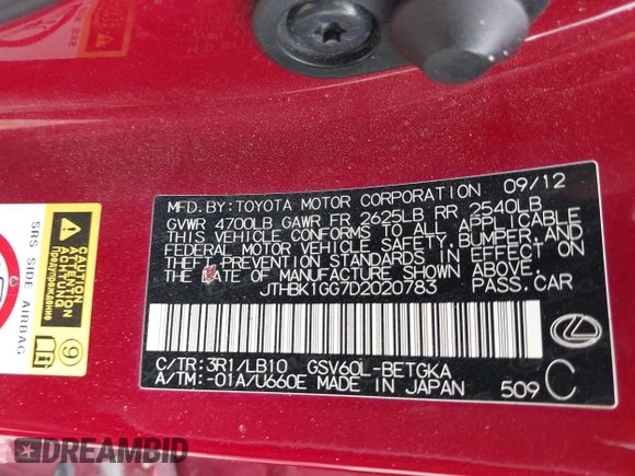 2013 Lexus ES 250 с VIN JTHBK1GG7D2020783, выставлен на аукционе IAAI как лот 41946637 с пробегом 100 177 миль миль и . История ставок и продаж доступна на DreamBid. Изображение 9.