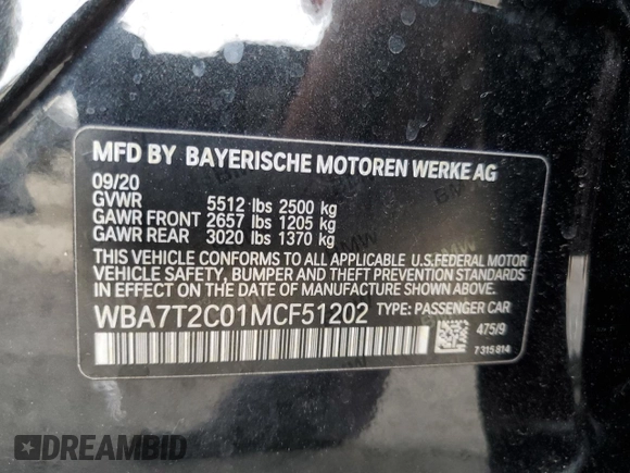2021 BMW 7 Series 740i with VIN WBA7T2C01MCF51202, listed as a Copart auction lot 84522934 with Not provided miles and Salvage title. Bid and sale history available at DreamBid. Image 12.