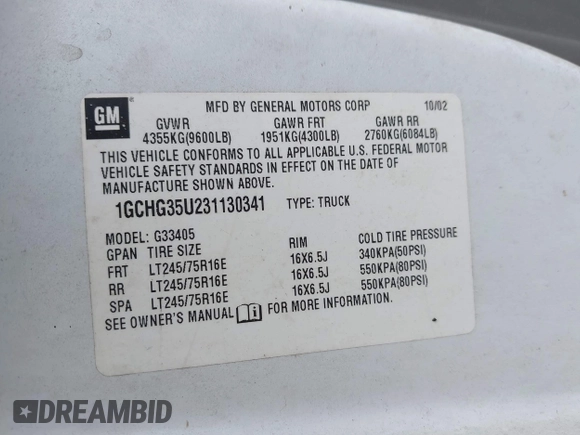 2003 Chevrolet Express Cargo z VIN 1GCHG35U231130341, wystawiony jako IAAI lot #41927806 z przebiegiem 260 934 mil mil oraz . Historia ofert i sprzedaży dostępna na DreamBid. Obrazek 9.