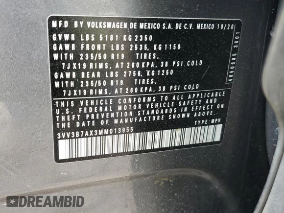 2021 Volkswagen Tiguan SE with VIN 3VV3B7AX3MM013955, listed as a Copart auction lot 51525095 with 103,626 mi miles and Salvage Title. Bid and sale history available at DreamBid. Image 14.