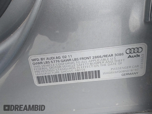 2011 Audi A8 with VIN WAUAVAFD0BN018197, listed as a IAAI auction lot 42221435 with 74,465 mi miles and . Bid and sale history available at DreamBid. Image 9.