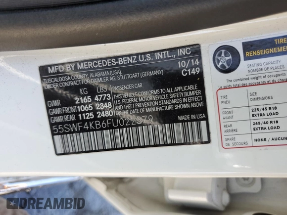 2015 Mercedes-Benz C 300 Luxury with VIN 55SWF4KB6FU022379, listed as a Copart auction lot 49899215 with 107,168 mi miles and Salvage Title. Bid and sale history available at DreamBid. Image 14.
