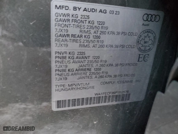 2023 Audi Q3 Technik with VIN WA1FECF35P1112578, listed as a Copart auction lot 83089454 with 32,774 mi miles and Salvage Title. Bid and sale history available at carsss.com. Image 13.