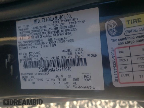 2010 Ford Fusion SE with VIN 3FAHP0HA7AR248040, listed as a Copart auction lot 52848545 with 148,721 mi miles and Salvage title. Bid and sale history available at DreamBid. Image 12.
