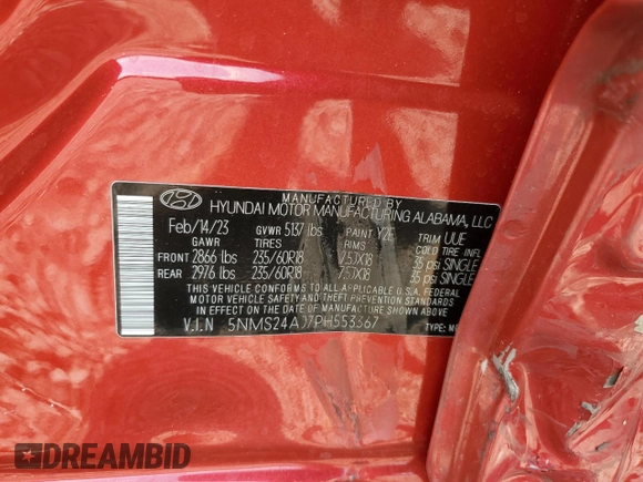 2023 Hyundai Santa Fe SEL with VIN 5NMS24AJ7PH553367, listed as a Copart auction lot 74638794 with 20,001 mi miles and Salvage Title. Bid and sale history available at carsss.com. Image 15.
