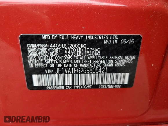 2016 Subaru WRX Premium with VIN JF1VA1E62G9805421, listed as a Copart auction lot 64043955 with 111,968 mi miles and Clean title. Bid and sale history available at DreamBid. Image 12.