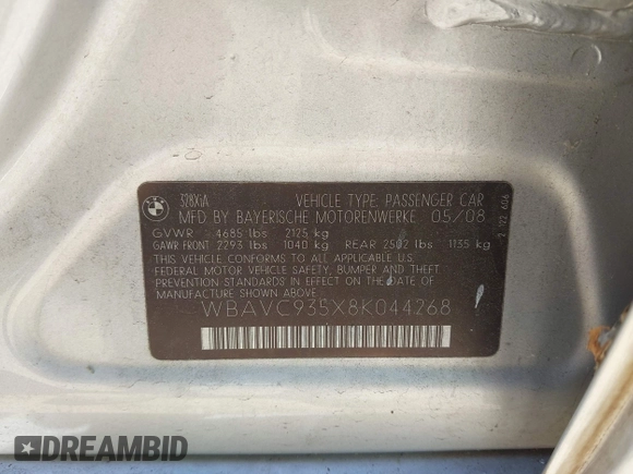 2008 BMW 3 Series 328xi с VIN WBAVC935X8K044268, выставлен на аукционе IAAI как лот 42116630 с пробегом 137 739 миль миль и . История ставок и продаж доступна на DreamBid. Изображение 9.