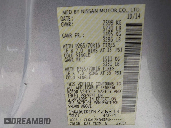 2015 Nissan Frontier SV with VIN 1N6AD0ER1FN726314, listed as a IAAI auction lot 42532117 with 61,991 mi miles and . Bid and sale history available at DreamBid. Image 9.