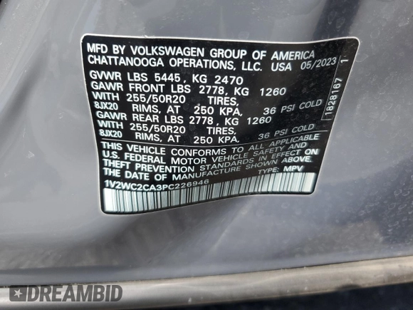 2023 Volkswagen Atlas SE with VIN 1V2WC2CA3PC226946, listed as a Copart auction lot 70226934 with 11,529 mi miles and Salvage title. Bid and sale history available at DreamBid. Image 14.