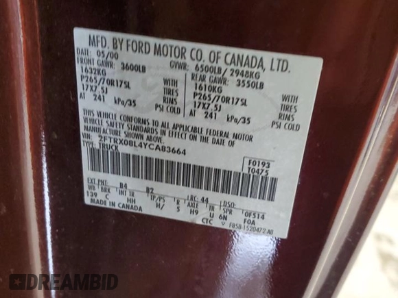 2000 Ford F-150 XL with VIN 2FTRX08L4YCA83664, listed as a Copart auction lot 58899725 with Not provided miles and Salvage title. Bid and sale history available at DreamBid. Image 12.