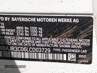 2020 BMW 5 Series 530i with VIN WBAJR3C06LCD03729, listed as a IAAI auction lot 41592367 with Not Provided miles and . Bid and sale history available at DreamBid. Image 9.