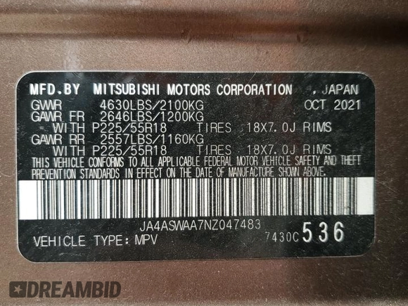 2022 Mitsubishi Eclipse Cross SE с VIN JA4ASWAA7NZ047483, выставлен на аукционе Copart как лот 51281385 с пробегом 35 393 миль миль и Списание • Salvage title. История ставок и продаж доступна на DreamBid. Изображение 13.