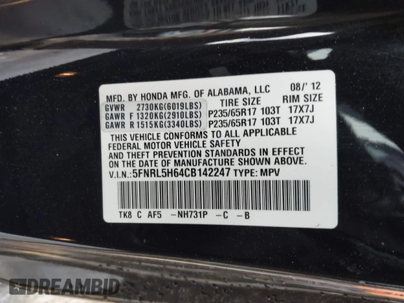 2012 Honda Odyssey EX-L with VIN 5FNRL5H64CB142247, listed as a IAAI auction lot 41722015 with 179,637 mi miles and . Bid and sale history available at carsss.com. Image 9.