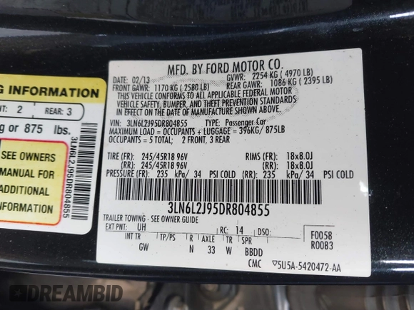 2013 Lincoln MKZ with VIN 3LN6L2J95DR804855, listed as a IAAI auction lot 41264935 with 115,226 mi miles. Bid and sale history available at carsss.com. Image 9.