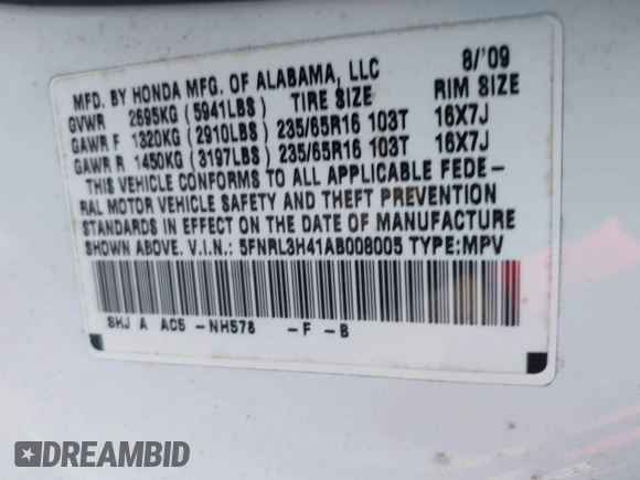 2010 Honda Odyssey EX with VIN 5FNRL3H41AB008005, listed as a IAAI auction lot 42058519 with 214,175 mi miles. Bid and sale history available at carsss.com. Image 9.