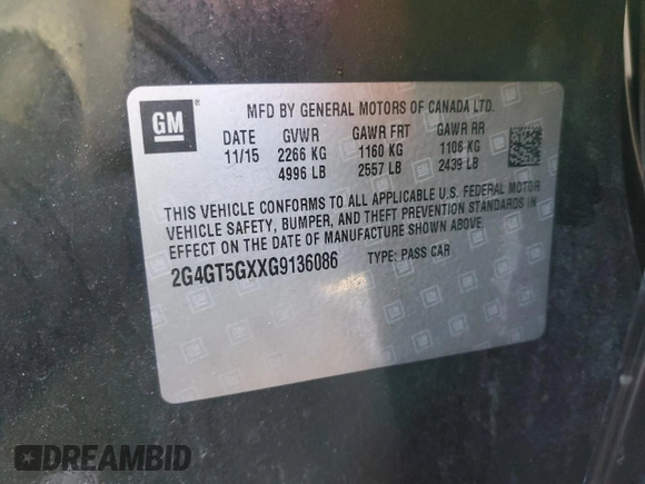 2016 Buick Regal Premium II with VIN 2G4GT5GXXG9136086, listed as a Copart auction lot 88965215 with 106,238 mi miles and Salvage Title. Bid and sale history available at carsss.com. Image 12.