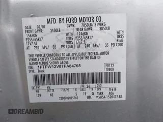2007 Ford F-150 XLT with VIN 1FTPW12V87FA84765, listed as a IAAI auction lot 42666396 with 167,221 mi miles and . Bid and sale history available at DreamBid. Image 9.
