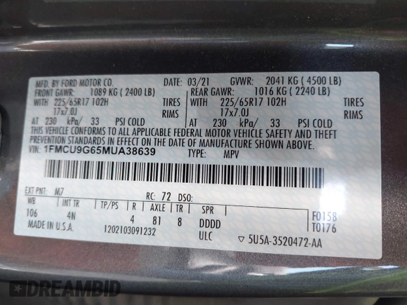 2021 Ford Escape SE with VIN 1FMCU9G65MUA38639, listed as a IAAI auction lot 42621442 with 105,737 mi miles and . Bid and sale history available at DreamBid. Image 9.