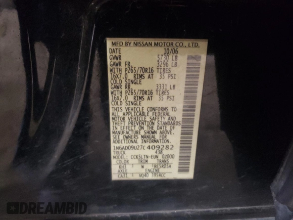 2007 Nissan Frontier SE with VIN 1N6AD09U27C409282, listed as a Copart auction lot 89402925 with 115,746 mi miles and Salvage title. Bid and sale history available at DreamBid. Image 12.