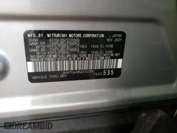 2022 Mitsubishi Eclipse Cross ES with VIN JA4ATUAA9NZ050399, listed as a Copart auction lot 81714464 with 49,265 mi miles and Salvage title. Bid and sale history available at DreamBid. Image 14.