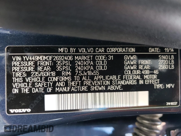 2015 Volvo XC60 T6 Drive-E Platinum with VIN YV449MDM3F2692406, listed as a Copart auction lot 57455215 with 110,470 mi miles and Clean title. Bid and sale history available at DreamBid. Image 13.