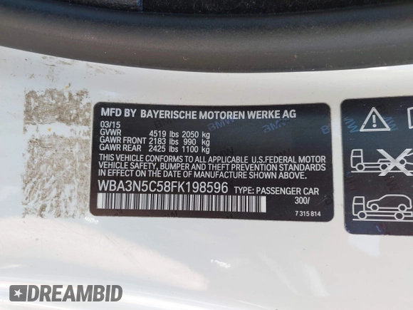 2015 BMW 4 Series 428i xDrive with VIN WBA3N5C58FK198596, listed as a IAAI auction lot 42514820 with 107,261 mi miles and . Bid and sale history available at DreamBid. Image 9.