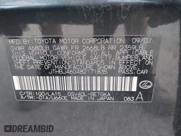 2008 Lexus ES 330 with VIN JTHBJ46G482171835, listed as a IAAI auction lot 42293835 with 248,351 mi miles and . Bid and sale history available at DreamBid. Image 9.