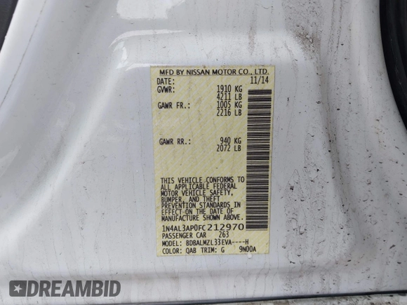 2015 Nissan Altima SV z VIN 1N4AL3AP0FC212970, wystawiony jako IAAI lot #42045260 z przebiegiem 110 433 mil mil oraz . Historia ofert i sprzedaży dostępna na DreamBid. Obrazek 9.