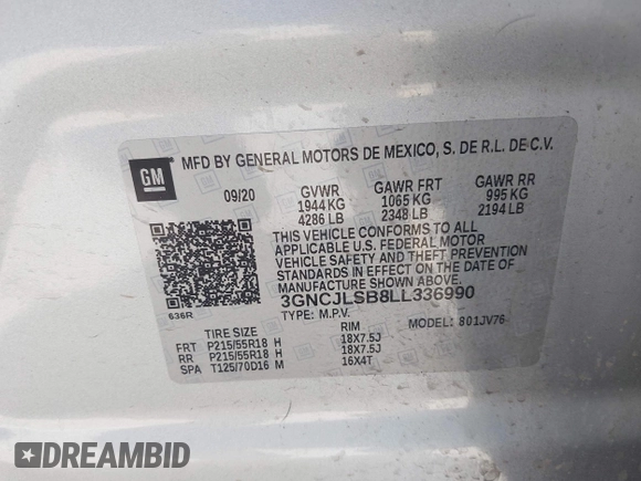 2020 Chevrolet Trax LT z VIN 3GNCJLSB8LL336990, wystawiony jako IAAI lot #42105917 z przebiegiem 97 424 mil mil oraz . Historia ofert i sprzedaży dostępna na DreamBid. Obrazek 9.