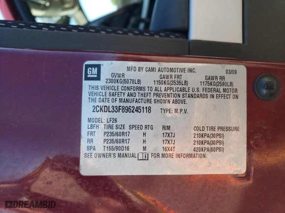 2009 Pontiac Torrent with VIN 2CKDL33F896245118, listed as a Copart auction lot 63831454 with 206675 miles and Salvage Title. Bid and sale history available at carsss.com. Image 13.