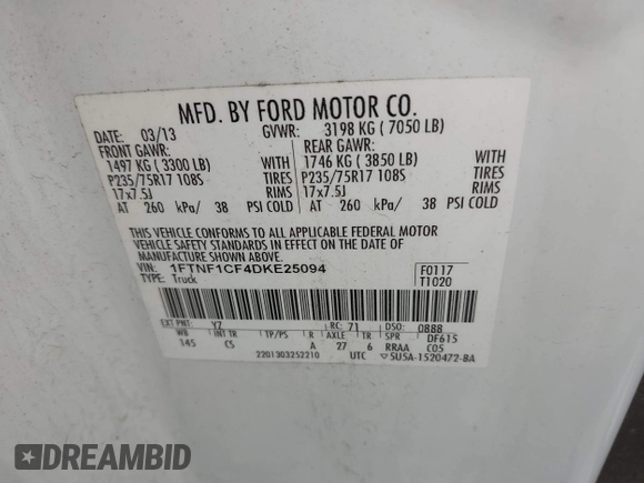 2013 Ford F-150 XL with VIN 1FTNF1CF4DKE25094, listed as a IAAI auction lot 42744643 with 232,872 mi miles and . Bid and sale history available at DreamBid. Image 9.
