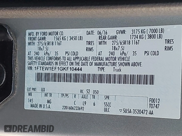 2016 Ford F-150 XLT with VIN 1FTEW1EF1GKF10444, listed as a IAAI auction lot 41773524 with 123,860 mi miles. Bid and sale history available at carsss.com. Image 9.